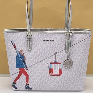  Michael Kors Mirella East West Medium Tote Pearl Grey MK Multi  Signature Logo Print : Clothing, Shoes & Jewelry